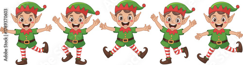 cute christmas elves cartoon illustration, happy santa helpers, festive holiday characters, cheerful elf group, christmas decoration design, vector artwork