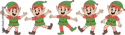 cute christmas elves cartoon illustration, happy santa helpers, festive holiday characters, cheerful elf group, christmas decoration design, vector artwork