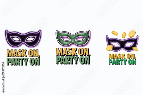 Mardi Gras Masks with Text and Gold Coins on White Keywords: Mardi Gras, mask, masquerade, party