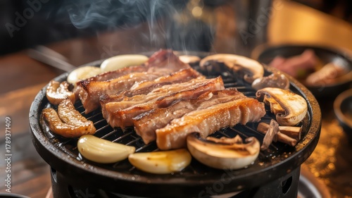 Sizzling Korean Barbecue with Pork Belly (Samgyeopsal) on a Tabletop Grill