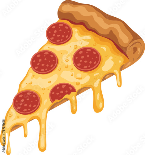 Delicious cartoon slice of pepperoni pizza with melted cheese, tasty fast food illustration showing cheesy goodness and savory perfection