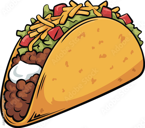 Delicious cartoon taco illustration with beef, cheese, lettuce, tomato, and sour cream, colorful Mexican food design in fun style