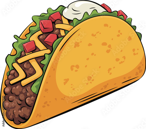 Delicious cartoon taco illustration with beef, cheese, lettuce, tomato, and sour cream, colorful Mexican food design in fun style