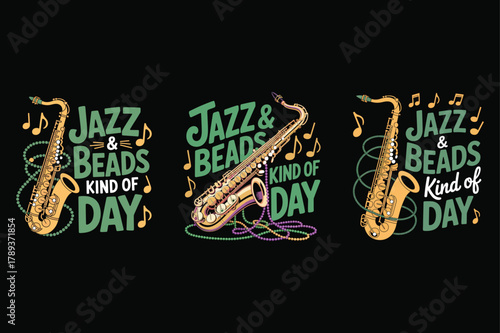 Saxophone and Beads with Jazz and Beads Text on Black Keywords: Jazz, saxophone, music, beads