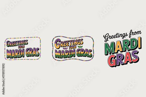Three Mardi Gras greetings designs with beads and masks carnival celebration