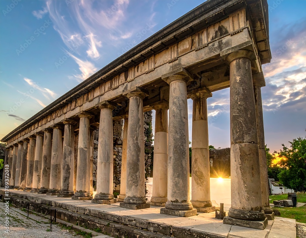 Fototapeta premium Ancient structure with columns under a beautiful sunset