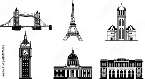 Famous world landmarks illustration, Eiffel Tower, Big Ben, Tower Bridge, Capitol building, gothic architecture, black and white monument design