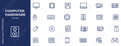 Computer Hardware Line Icons Pack – Minimalist Tech & Device Icons