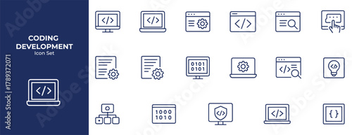 Coding & Development Line Icons Pack – Vector Outline Icons - Programmer, Web Development, Code Editor, and Software Engineering Icon