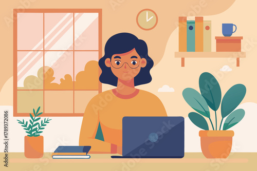 A cheerful woman sits at a desk in a warm home office, using a laptop. Plants, books, and a window create a calm, productive workspace.