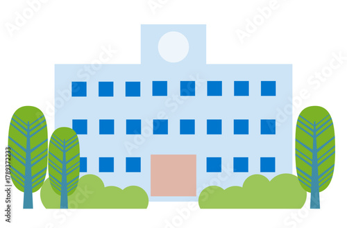 周囲に緑の木々があるシンプルな学校の校舎のイラスト