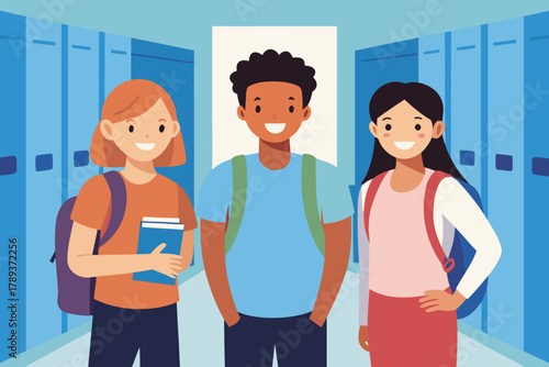 Three happy students in school hallway with blue lockers, backpacks, and books, smiling together to show friendship, teamwork, education, and everyday student life.