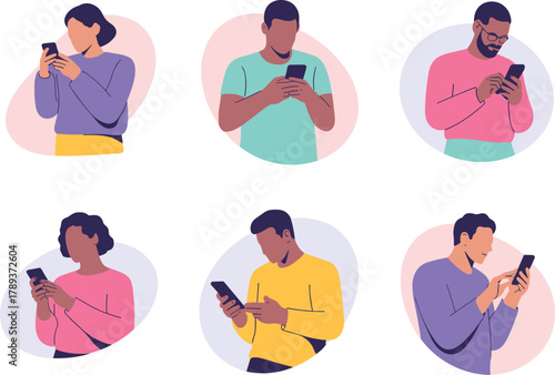 Flat minimalist illustration of people using smartphones for texting, calling, and video chatting, modern communication technology concept design