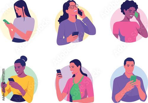 Flat minimalist illustration of people using smartphones for texting, calling, and video chatting, modern communication technology concept design