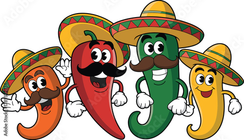 Funny cartoon chili peppers wearing sombreros and mustaches, colorful Mexican food characters celebrating fiesta with happy expressions and vibrant design