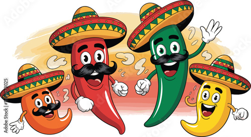 Funny cartoon chili peppers wearing sombreros and mustaches, colorful Mexican food characters celebrating fiesta with happy expressions and vibrant design