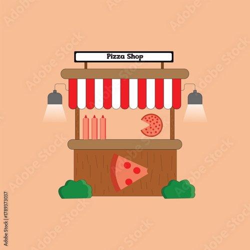 Illustration of a pizza shop with a sign and a slice of pizza