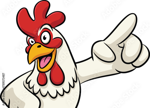 Funny cartoon rooster illustration pointing and smiling confidently, cheerful farm animal mascot with bright red comb and yellow beak expression