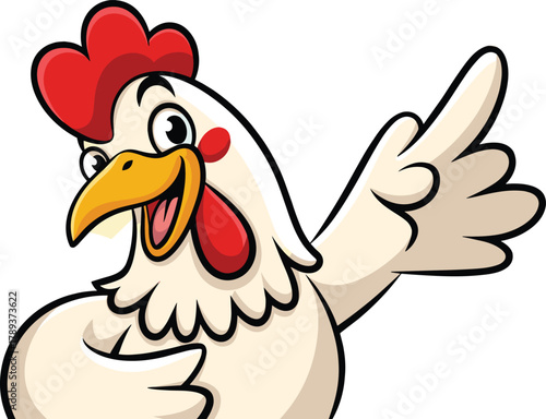 Funny cartoon rooster illustration pointing and smiling confidently, cheerful farm animal mascot with bright red comb and yellow beak expression