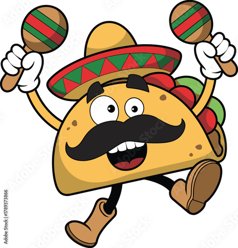 Funny cartoon taco character wearing sombrero and mustache dancing with maracas, Mexican food mascot illustration for Cinco de Mayo celebration