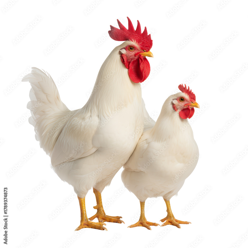 Fototapeta premium A pair of white chickens showcasing natural elegance and isolated against a clean setting