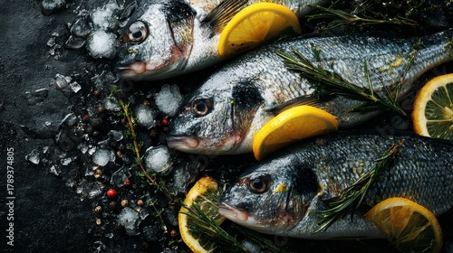Top view of multiple fresh whole fish with herbs and lemon slices on dark stone surface, moisture and ice texture visible, professional food styling, 8k realistic detail, copy space