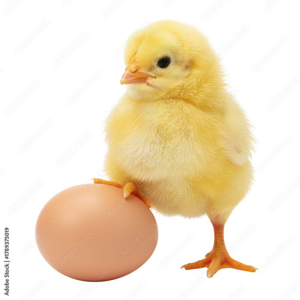 Fototapeta premium Adorable newborn chick perched on a simple egg with pristine isolated background