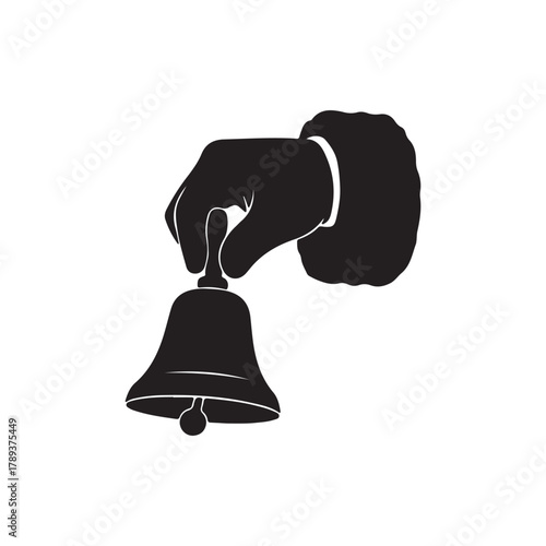A timeless silhouette illustration depicting a human hand actively ringing a classic service bell, symbolizing notification, attention, and a call for assistance or service