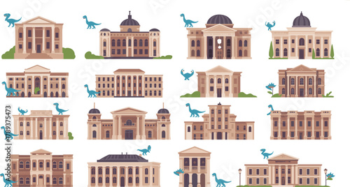 Historic museum building collection with dinosaurs, classical architecture illustration, educational landmark design, cultural heritage, history and science exhibition concept