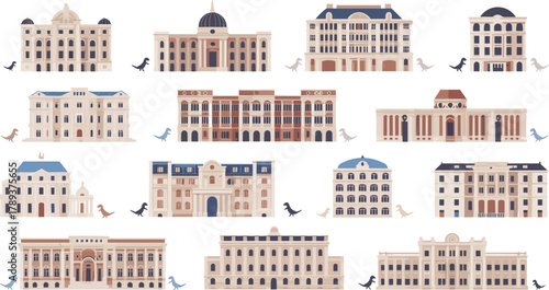Historic museum building collection with dinosaurs, classical architecture illustration, educational landmark design, cultural heritage, history and science exhibition concept