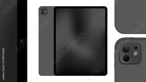 Modern Black Tablet Computer Mockup Front and Back View with Camera – Realistic Digital Device Design for Technology, App Presentation, and Product Display Banner. Vector.