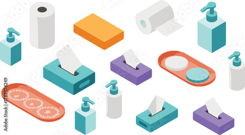 isometric bathroom accessories set with soap dispenser, towel, tissue box, toilet paper, sink, hygiene and cleaning products illustration design