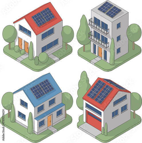 Isometric eco houses with solar panels, modern sustainable architecture, renewable energy homes, green neighborhood, clean environment illustration design
