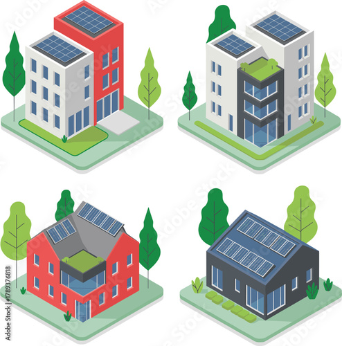 Isometric eco houses with solar panels, modern sustainable architecture, renewable energy homes, green neighborhood, clean environment illustration design