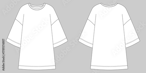 Oversized t-shirt dress technical flat. Front and back view with wide sleeves on gray background