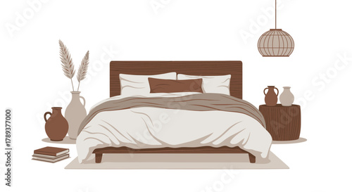A cozy bedroom interior illustration featuring a wooden bed, pillows, and decorative elements.