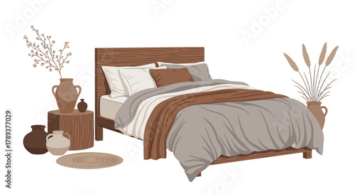 Cozy bedroom interior with bed, vases, and plants in a warm, neutral color palette.