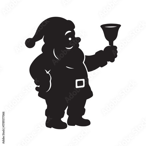 A festive black silhouette icon of a cheerful Santa Claus ringing a handbell, a simple vector graphic isolated on a white background for Christmas