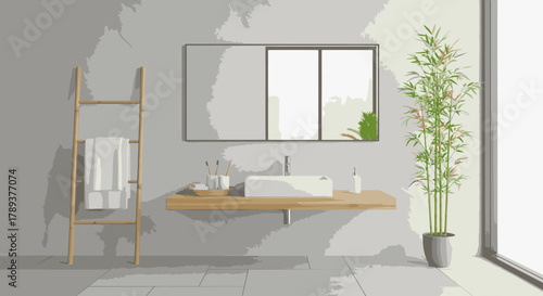 A modern minimalist bathroom interior with a wooden vanity, vessel sink, bamboo plant, and ladder towel rack.