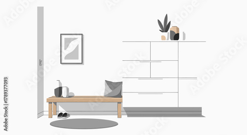 A minimalist and modern entryway with a wooden bench, shelves, and decorative items.
