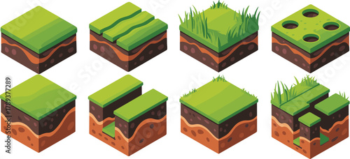isometric grass soil game terrain block set, 3d green land cube tiles, voxel ground landscape elements, nature environment illustration design
