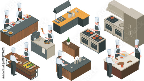 Isometric illustration of professional chefs cooking in a commercial kitchen, teamwork in food preparation, restaurant culinary workspace design