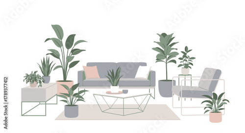Modern living room interior with a sofa, armchair, and various potted houseplants on a white background.