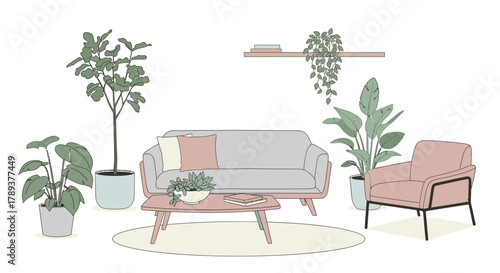A minimalist living room interior design featuring a gray sofa, a pink armchair, a wooden coffee table, and various potted plants.