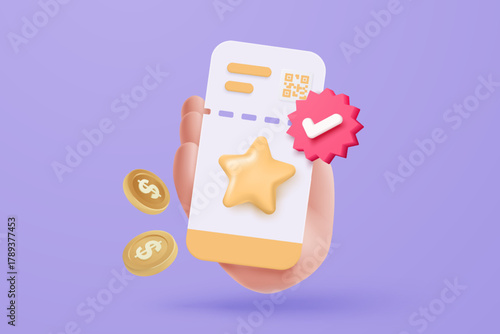 3D cinema movie ticket with online money payment in hand, ready for watch movie  in theatre. Media film for entertainment, booking ticket service. 3d vector cinema coupon icon render illustration