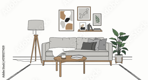 Minimalist modern living room interior design with grey sofa, wooden furniture, and gallery wall art.