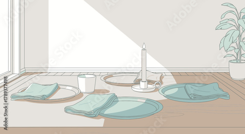 A serene dining scene with plates, napkins, a candle, and a plant bathed in sunlight.