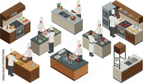 Isometric illustration of professional chefs cooking in a commercial kitchen, teamwork in food preparation, restaurant culinary workspace design