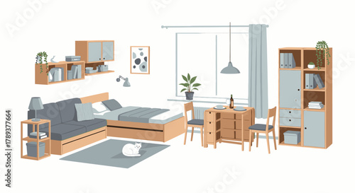 A cozy studio apartment featuring a sofa bed, desk, and shelving units, with a cat lounging on the rug.