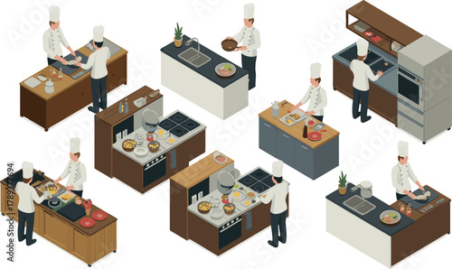 Isometric illustration of professional chefs cooking in a commercial kitchen, teamwork in food preparation, restaurant culinary workspace design